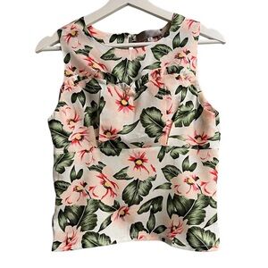 Tropical White & Pink Floral Sleeveless Feminine Summer Casual Blouse Size M
